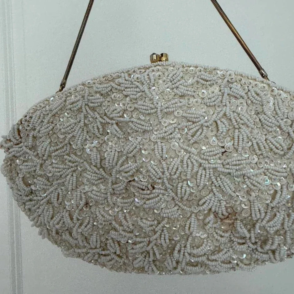 Vintage Handmade Hong Kong White Beaded Evening Bag